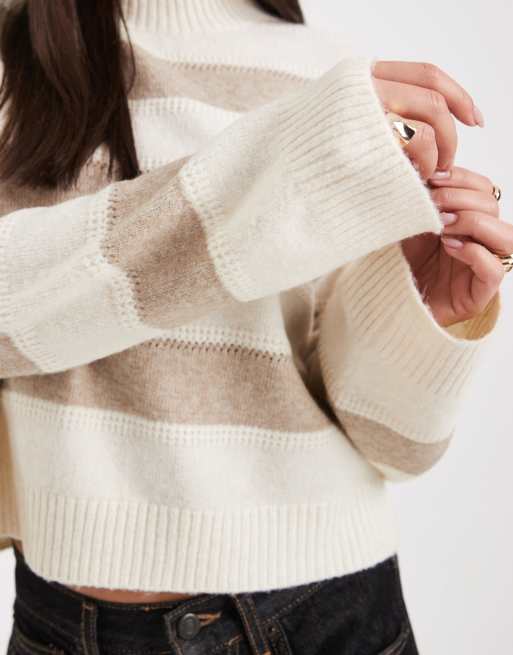 Vero Moda high neck jumper in chunky neutral stripe, 2 of 4