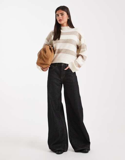 Vero Moda high neck jumper in chunky neutral stripe, 4 of 4