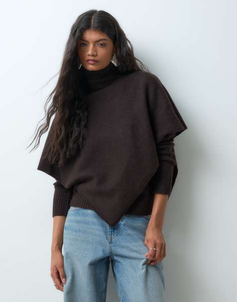 Vero Moda high neck jumper with cape detail in chocolate brown - view 1
