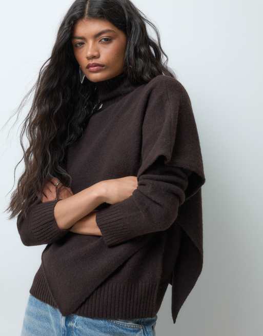 Vero Moda high neck jumper with cape detail in chocolate brown, 3 of 5