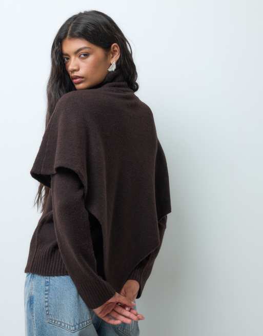 Vero Moda high neck jumper with cape detail in chocolate brown, 4 of 5