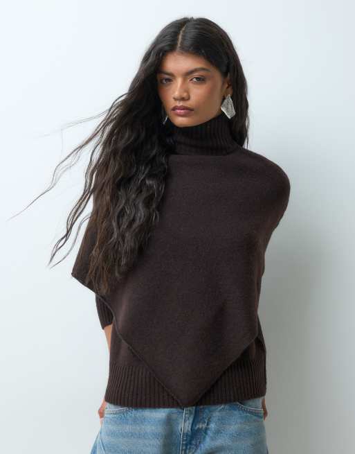 Vero Moda high neck jumper with cape detail in chocolate brown, 5 of 5