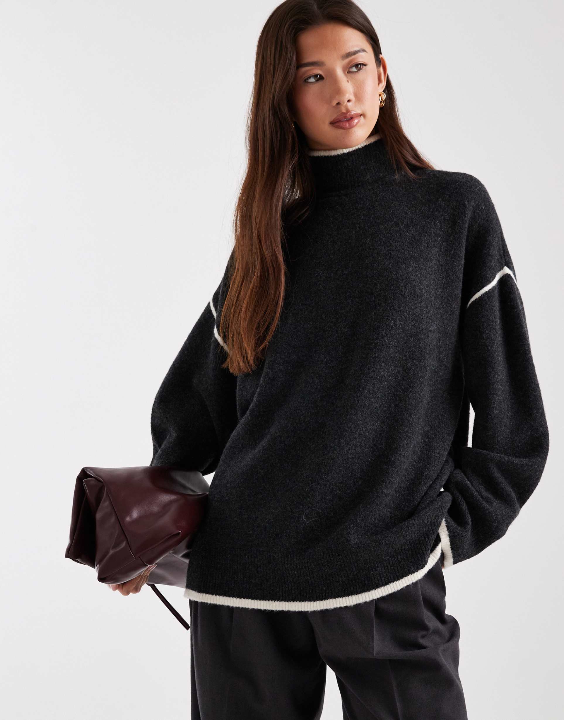 vero moda high neck knit sweater with contrast tipping in heather gray