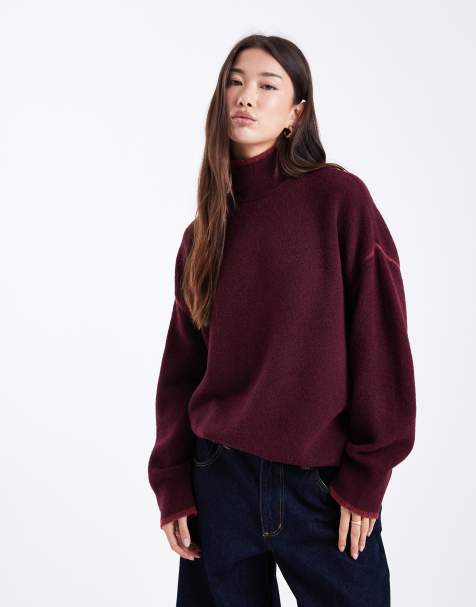 Vero Moda high neck knitted jumper with contrast tipping in burgundy - view 1