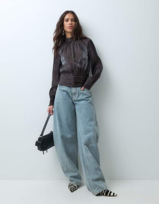 Vero Moda high neck long sleeve ruffle top in chocolate brown, 2 of 5