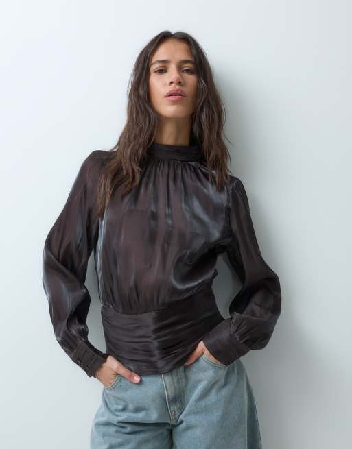 Vero Moda high neck long sleeve ruffle top in chocolate brown, 4 of 5