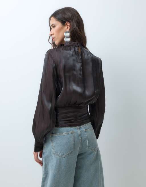Vero Moda high neck long sleeve ruffle top in chocolate brown, 5 of 5