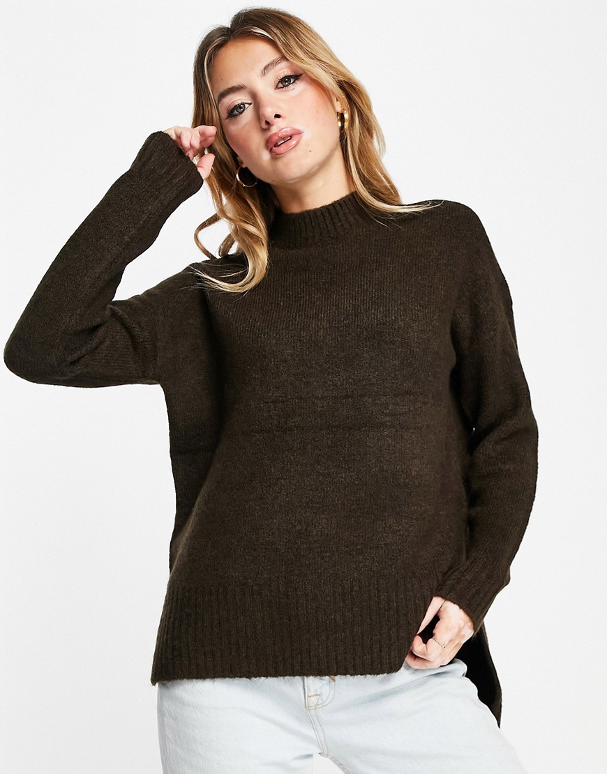 Vero Moda high neck longline sweater in chocolate brown