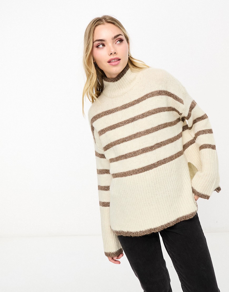 Vero Moda high neck oversized stripe jumper in cream and brown-White