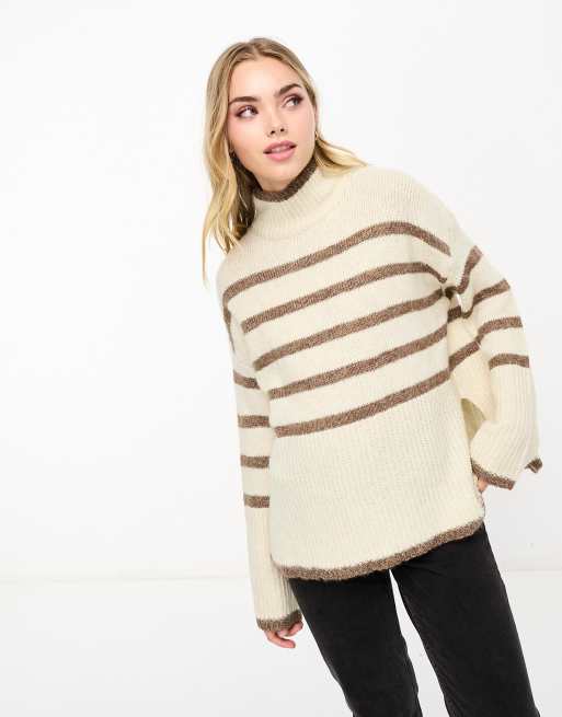 Vero Moda high neck oversized stripe jumper in cream and brown