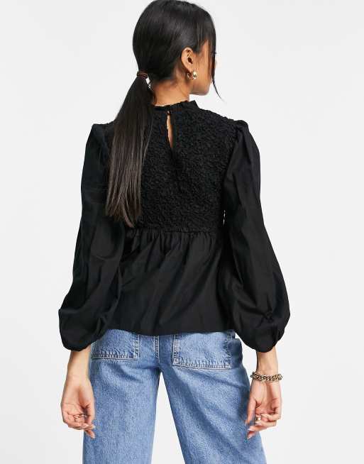 Vero Moda high neck shirred peplum blouse in black | ASOS