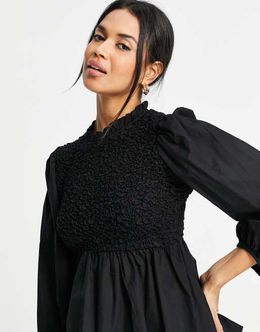 Vero Moda high neck shirred peplum blouse in black | ASOS