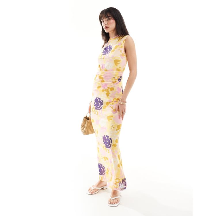 Vero Moda high neck sleeveless mesh maxi dress in lemon floral print