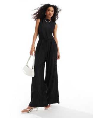 Vero Moda high neck sleeveless plisse jumpsuit in black Sale