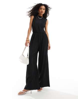 Vero Moda High Neck Sleeveless Plisse Jumpsuit In Black