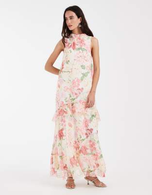 Vero Moda high neck sleeveless ruffle hem maxi dress in cream based pink floral 