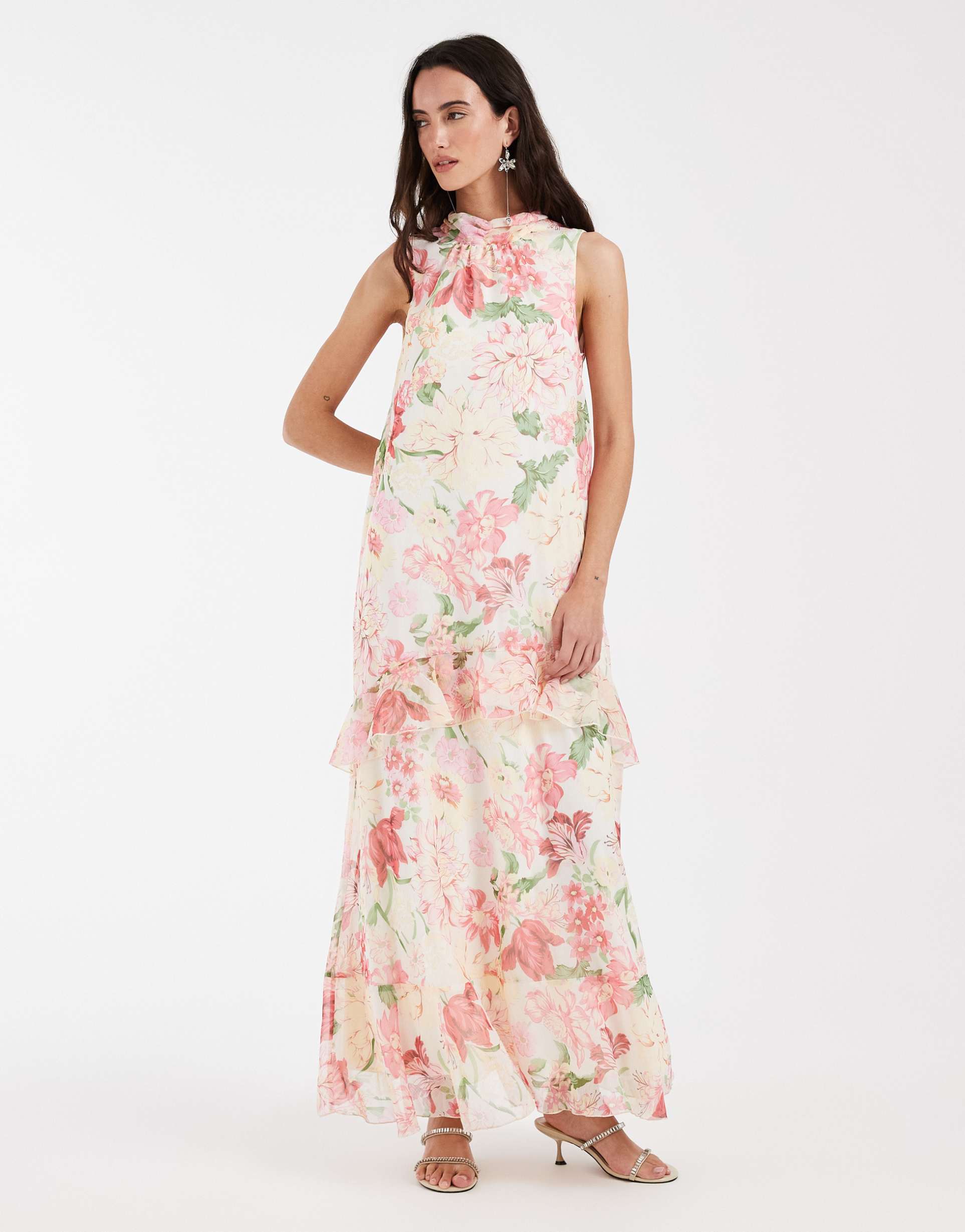 vero moda high neck sleeveless ruffle hem maxi dress in cream based pink floral print