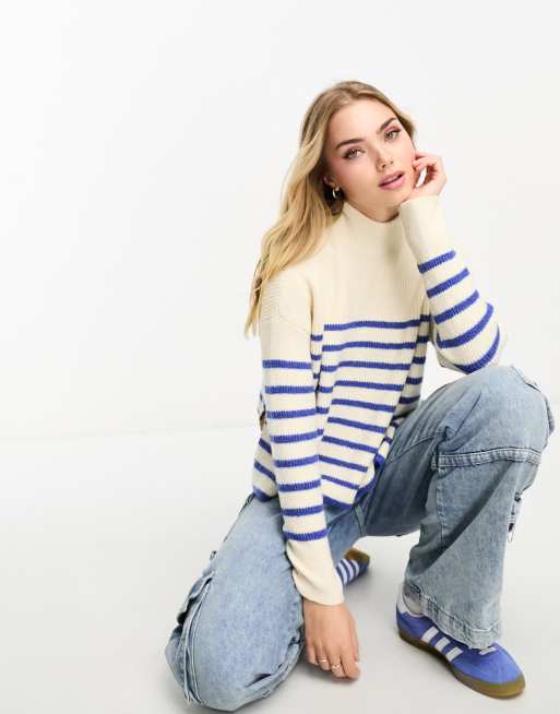 Vero Moda high neck stripe jumper in blue and white | ASOS