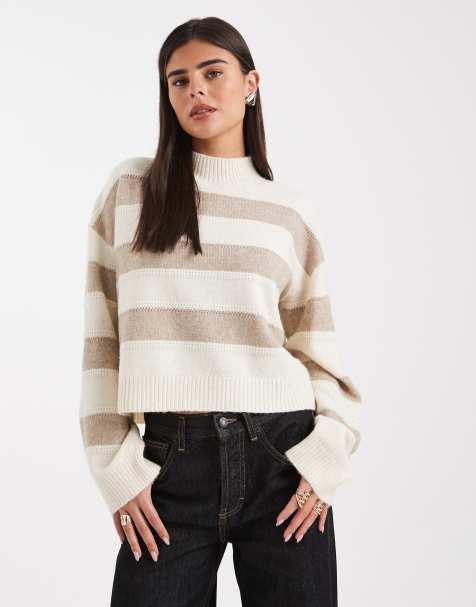 Vero Moda high neck sweater in chunky neutral stripe - view 1