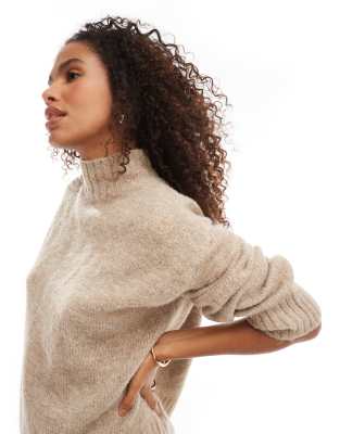 high neck sweater with ribbing in beige melange-Neutral