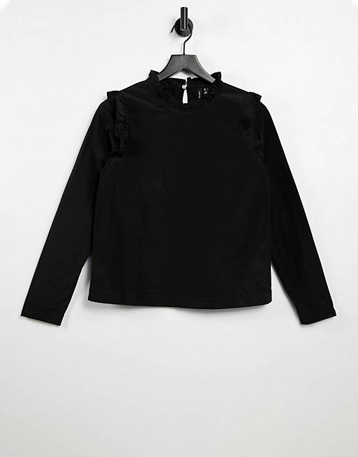 Vero Moda high neck t-shirt with ruffle trims in black