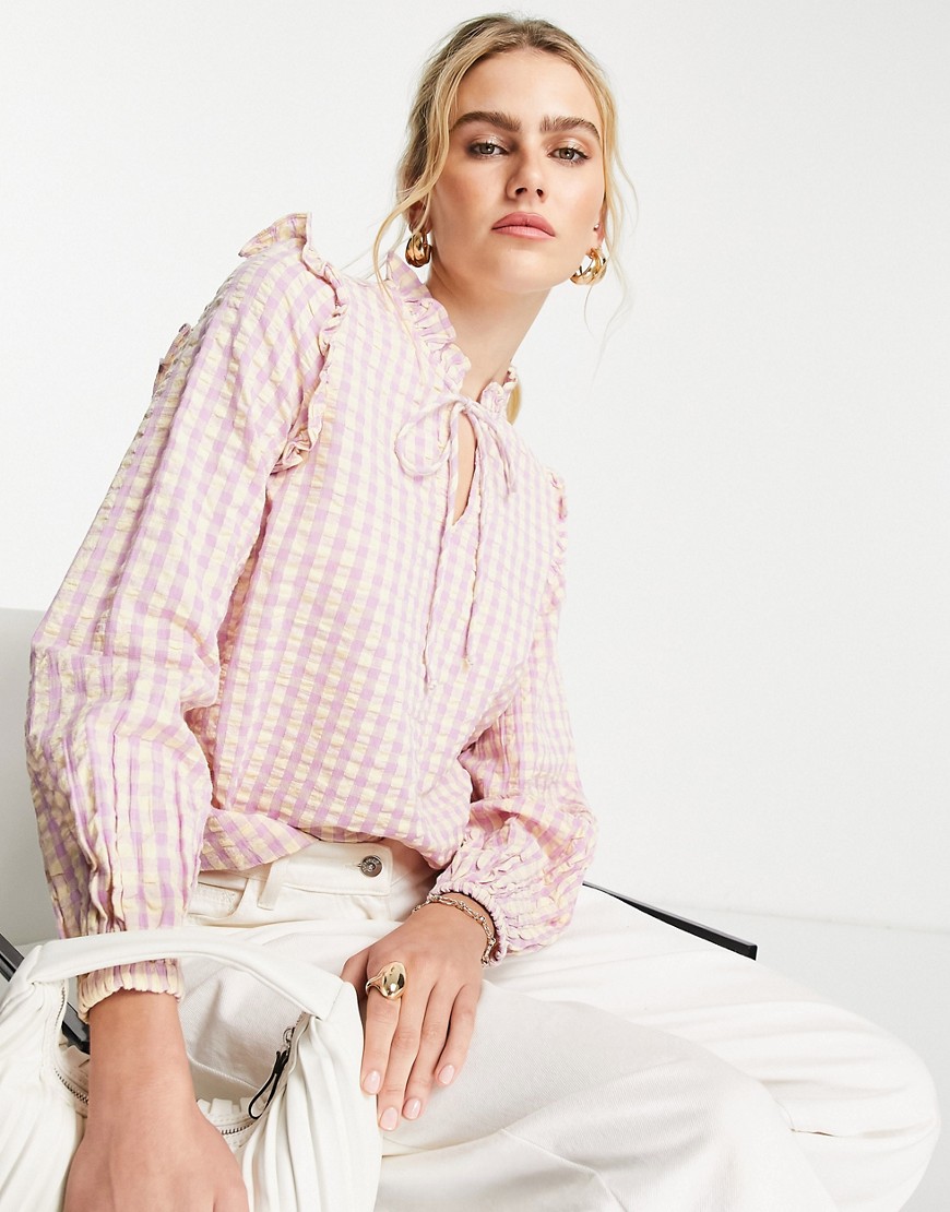 Vero Moda high neck tie detail blouse in pink and yellow check-Purple
