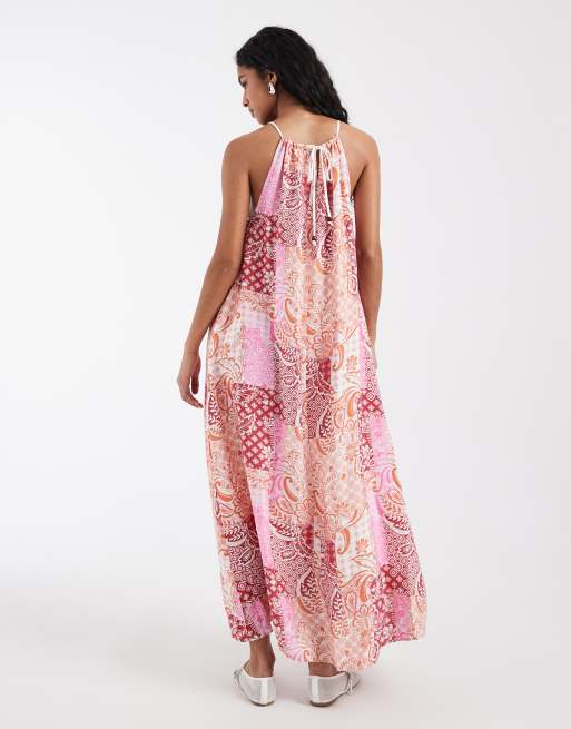 Vero Moda high neck trapeze midi dress in pink paisley patchwork print, 4 of 4