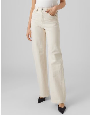 Vero Moda High Rise Wide Leg Jeans In Ecru-white