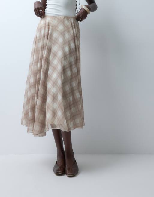 Vero Moda high waist asymmetric midi skirt in neutral check, 2 of 5