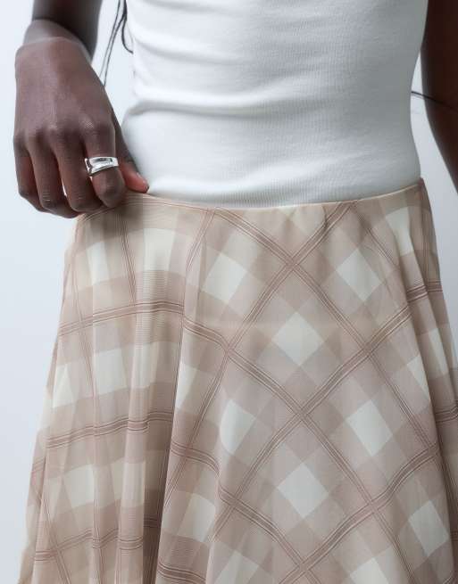Vero Moda high waist asymmetric midi skirt in neutral check, 3 of 5