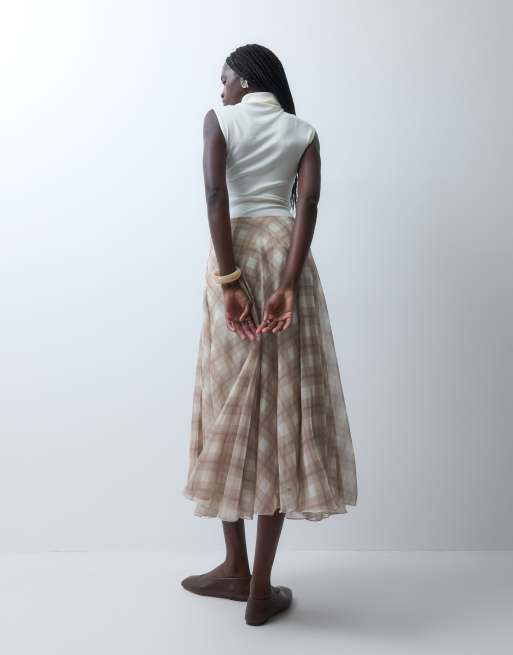 Vero Moda high waist asymmetric midi skirt in neutral check, 4 of 5