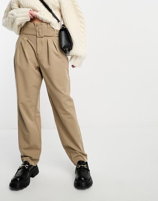 Belted Tapered Trousers - UK 6 / Beige