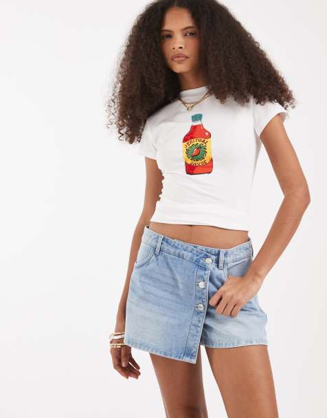 Vero Moda high waist denim mini skort with asymmetric button in light blue denim - view 1