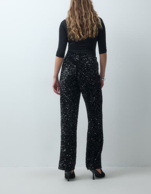 Vero Moda High-Waist-Hose mit weitem Bein und Pailletten in Schwarz, 3 von 5