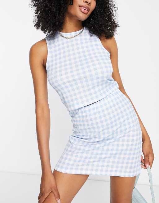 Vero Moda high waist notch front mini skirt co-ord in pale blue gingham