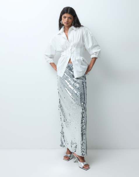 Vero Moda high waist sequin maxi skirt in silver - view 1