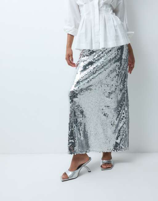 Vero Moda high waist sequin maxi skirt in silver, 2 of 5