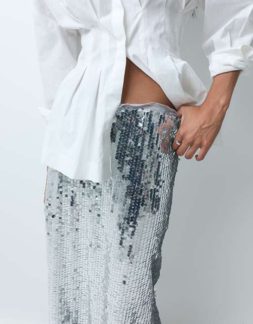 Vero Moda high waist sequin maxi skirt in silver, 3 of 5