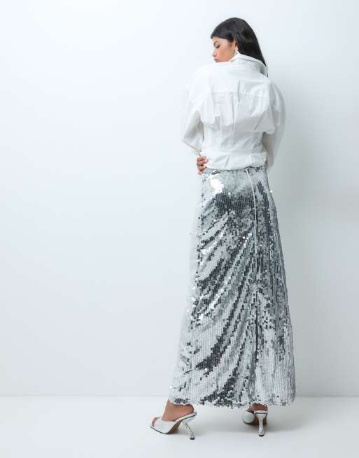 Vero Moda high waist sequin maxi skirt in silver, 4 of 5