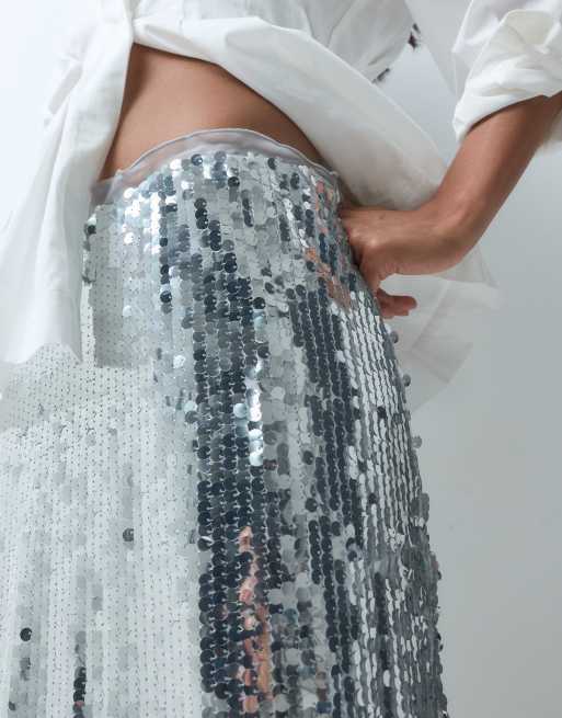 Vero Moda high waist sequin maxi skirt in silver, 5 of 5