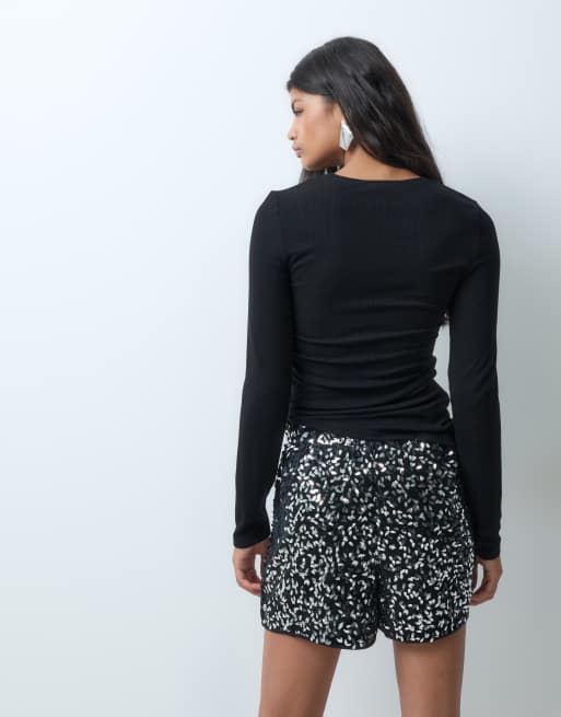 Vero Moda high waist sequin mini shorts in black, 5 of 5