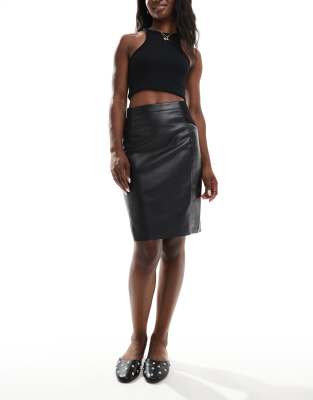 high waist stretch faux leather mini skirt in black