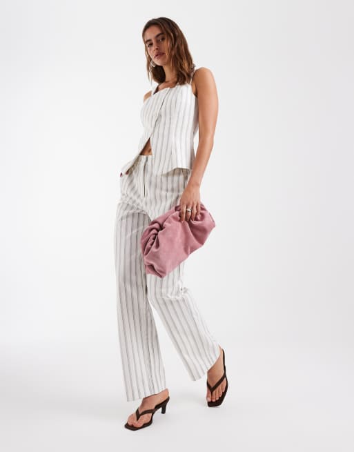 Vero Moda square neck asymmetric placket waistcoat and straight leg pants set in cream and blue stripe, 3 of 3