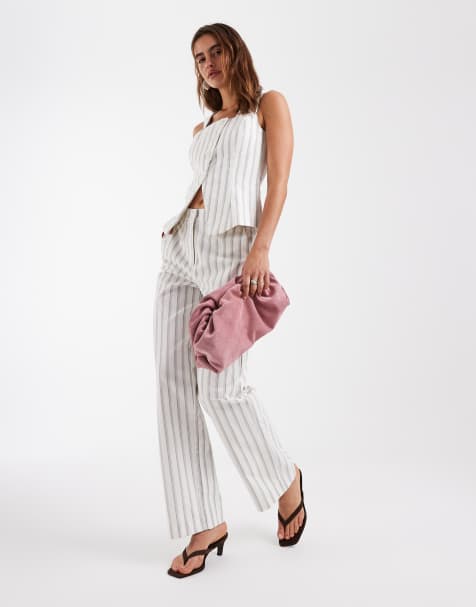 Vero Moda high waist tailored straight leg pants in cream and blue stripes - part of a set - view 1