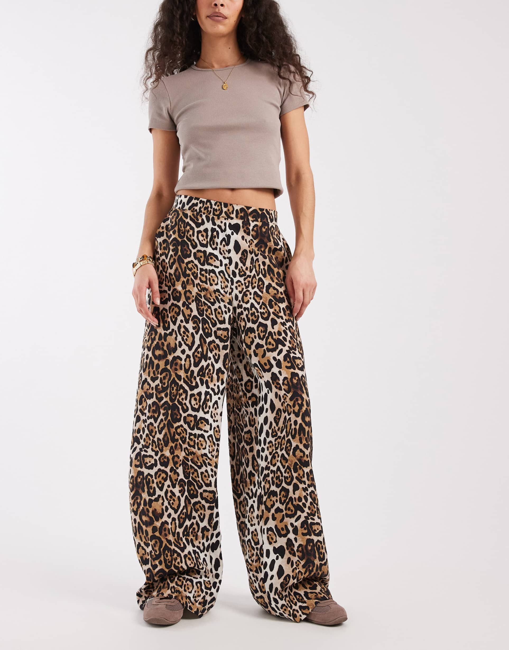 vero moda high waist wide leg pants in leopard print