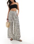 [Vero Moda] Vero Moda high waisted floaty wide leg pants in mono print-Neutral XL Oatmeal aop