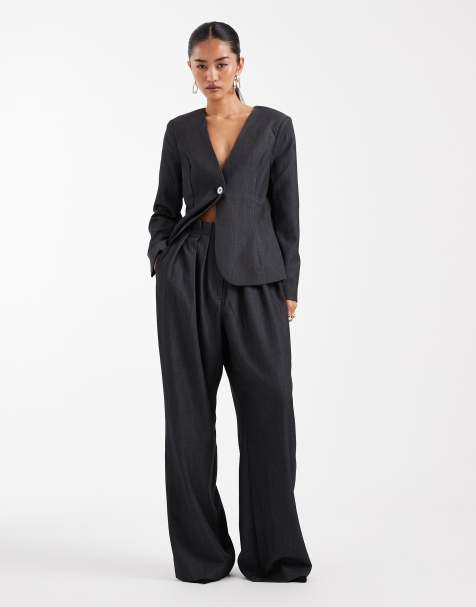 Vero Moda high waisted pleated tailored pants in dark grey melange (part of a set) - view 1