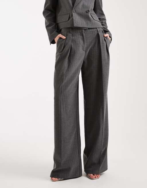 Vero Moda high waisted pleated tailored trousers co-ord in medium grey herringbone, 2 of 5