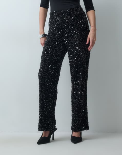 Vero Moda high waisted wide leg sequin trousers in black - view 1
