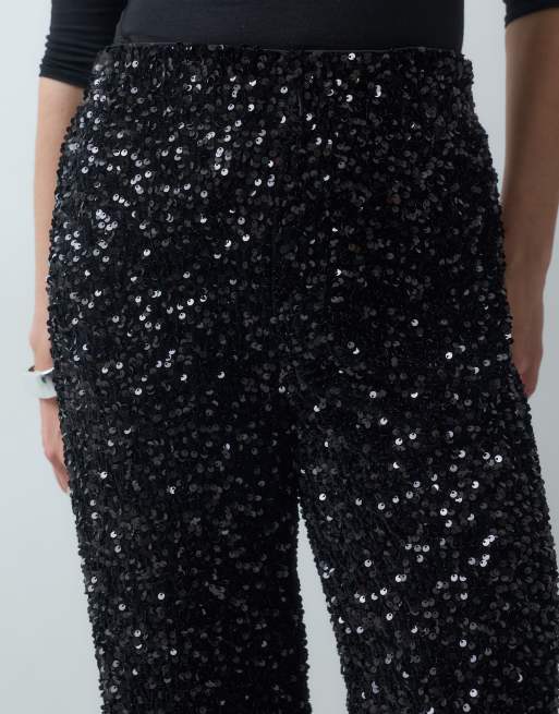 Vero Moda high waisted wide leg sequin trousers in black, 4 of 5